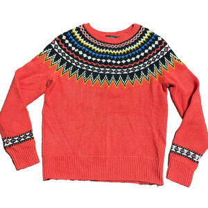 J. Crew Red Wool Blend Nordic Fair Isle Crewneck Winter Ski Sweater Size Small